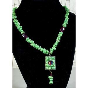 Vintage Green Turquoise Pendant Sterling Silver Beaded w/ Aura Quartz- Necklace